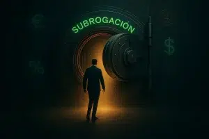 Subrogar: Hombre caminando hacia una puerta de bóveda iluminada con la palabra Subrogación, simbolizando la oportunidad de mejorar su hipoteca