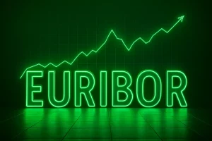 Palabra Euribor en letras verdes de neón apoyadas sobre el suelo, con un gráfico de línea ascendente de fondo que representa su evolución