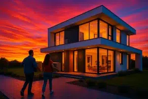 Pareja feliz entrando a su primer hogar tras conseguir su primera hipoteca