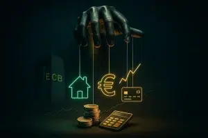 Mano simbólica controlando cuerdas con una casa, un gráfico financiero y un símbolo del euro, representando cómo los tipos de interés del BCE influyen en la economía personal
