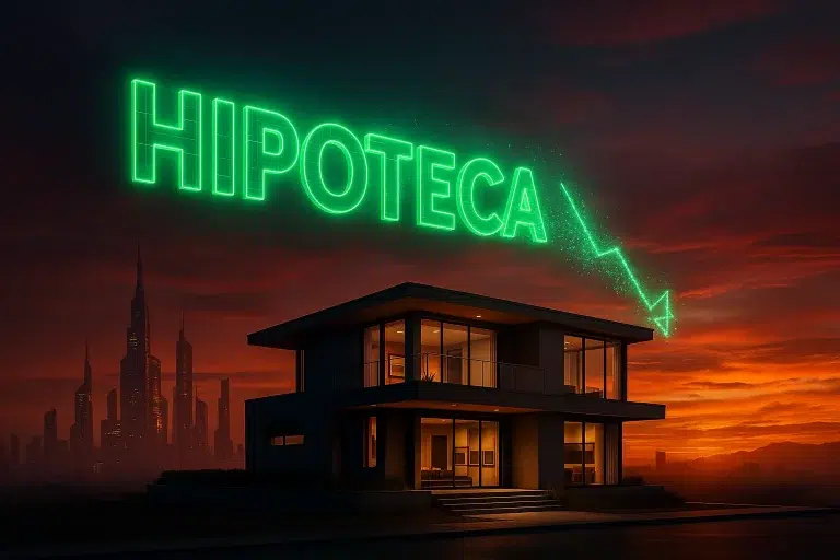 Casa moderna con un holograma verde que muestra la palabra HIPOTECA desintegrándose, simbolizando el efecto de amortizar hipoteca anticipadamente