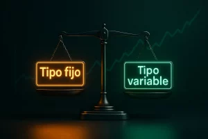 Balanza iluminada en tonos dorado y verde con los textos “tipo fijo” y “tipo variable”, representando el equilibrio de una hipoteca mixta