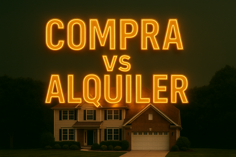 Casa familiar grande y moderna con jardín al atardecer, iluminada por un letrero dorado en neón con el texto "Compra vs Alquiler", que destaca visualmente las ventajas de comprar vivienda frente a alquilar.
