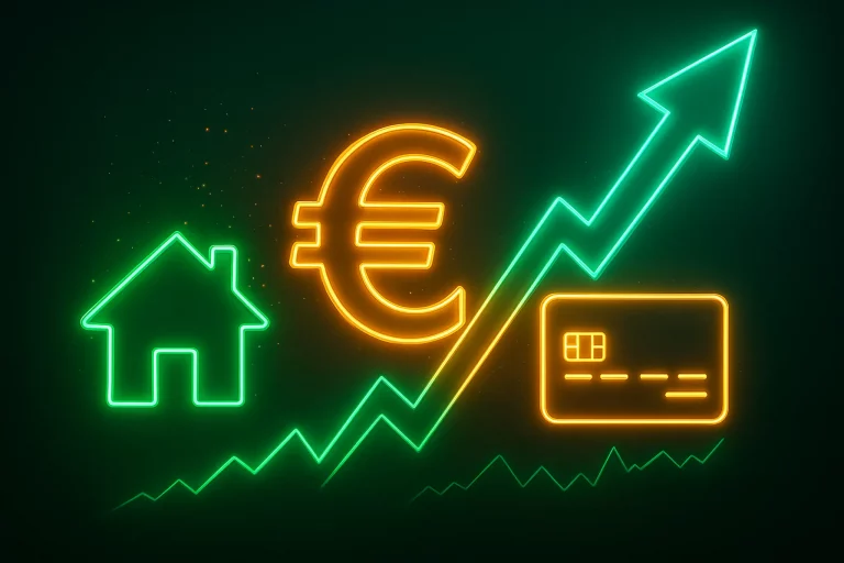 Gráfico 3D con estilo neón que representa los principales gastos hipoteca con efectos de luz sobre fondo oscuro: impuestos, vivienda, y costes asociados.