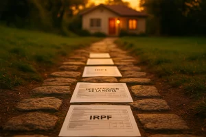 Camino simbólico formado por documentos fiscales en español que conducen a una casa iluminada, representando el esfuerzo para conseguir hipotecas para autónomos.
