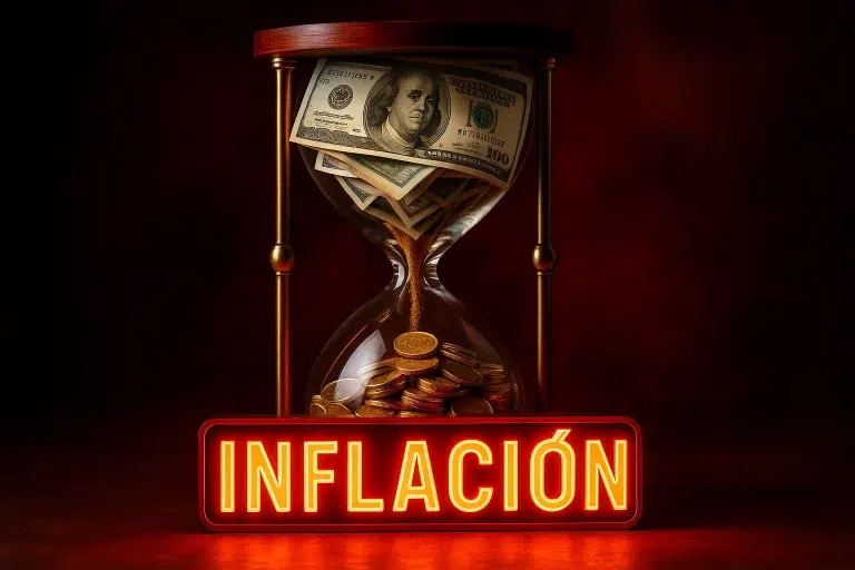 Reloj de arena hiperrealista con billetes cayendo y monedas acumuladas, bajo un cartel luminoso con la palabra “INFLACIÓN”, que representa la pérdida de valor del dinero con el paso del tiempo.