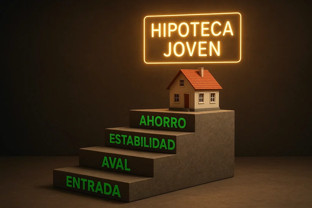 Imagen hiperrealista de una escalera de piedra con peldaños rotulados en verde corporativo con palabras clave como “Ahorro” y “Estabilidad”. En la cima hay una casa moderna y un letrero de neón que dice “HIPOTECA JOVEN”, representando el acceso progresivo a la vivienda mediante las hipotecas para jóvenes.