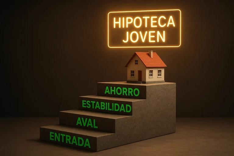 Hipoteca Prime Imagen hiperrealista de una escalera de piedra con peldaños rotulados en verde corporativo con palabras clave como “Ahorro” y “Estabilidad”. En la cima hay una casa moderna y un letrero de neón que dice “HIPOTECA JOVEN”, representando el acceso progresivo a la vivienda mediante las hipotecas para jóvenes.