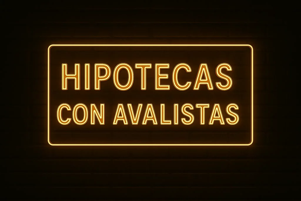 Letrero luminoso en color dorado con el texto "Hipotecas con avalistas" en estilo neón 3D, sobre una pared de ladrillo oscura, proyectando una luz cálida que ilumina suavemente el entorno.