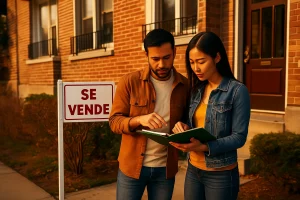 Pareja joven revisando documentos frente a un edificio en venta en España, representando el proceso de solicitud de hipotecas para extranjeros.