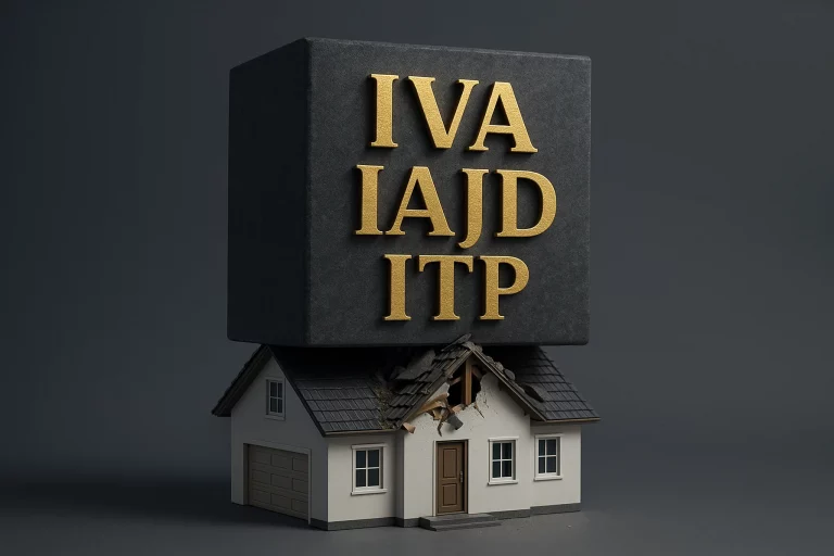 Hipoteca Prime Imagen hiperrealista de una casa blanca con el tejado dañado por un gran bloque de piedra que la aplasta. En el bloque se leen en letras doradas las siglas IVA, IAJD e ITP, representando los impuestos de una hipoteca.