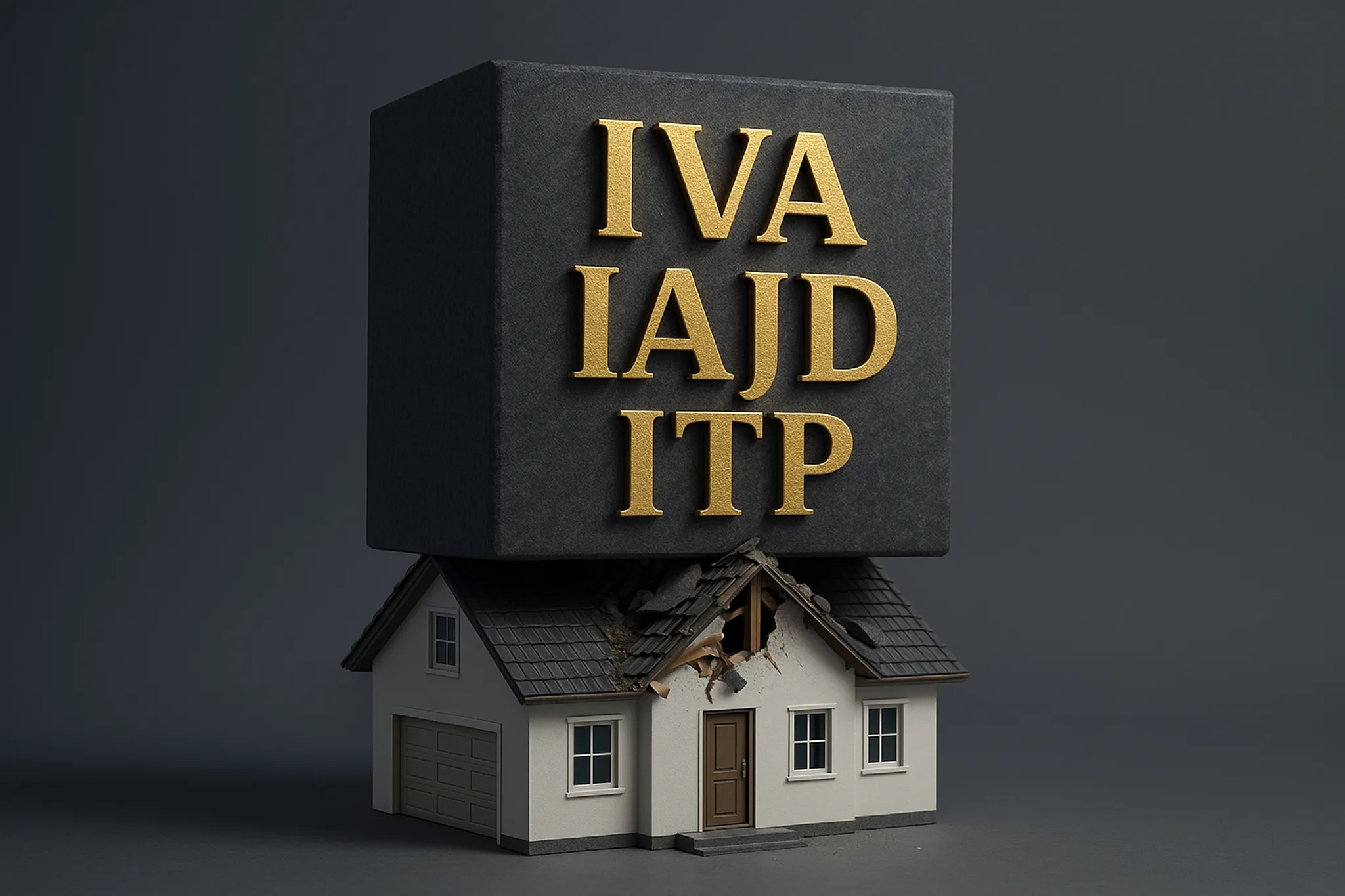 Imagen hiperrealista de una casa blanca con el tejado dañado por un gran bloque de piedra que la aplasta. En el bloque se leen en letras doradas las siglas IVA, IAJD e ITP, representando los impuestos de una hipoteca.
