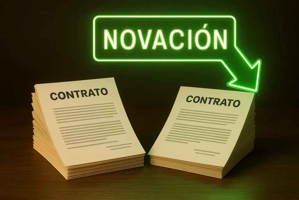 Imagen hiperrealista con dos montones de documentos que representan contratos hipotecarios, conectados por una flecha verde luminosa en 3D que simboliza el cambio de condiciones. Representa el concepto de novación de hipoteca.