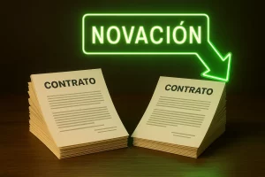 Imagen hiperrealista con dos montones de documentos que representan contratos hipotecarios, conectados por una flecha verde luminosa en 3D que simboliza el cambio de condiciones. Representa el concepto de novación de hipoteca.