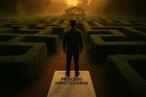 Hombre de espaldas frente a un laberinto de arbustos al atardecer, con la palabra “Proceso Hipotecario” a sus pies y una casa iluminada al fondo, simbolizando el recorrido hacia la compra de una vivienda.