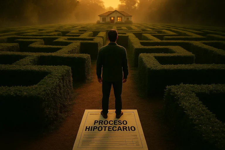Hipoteca Prime Hombre de espaldas frente a un laberinto de arbustos al atardecer, con la palabra “Proceso Hipotecario” a sus pies y una casa iluminada al fondo, simbolizando el recorrido hacia la compra de una vivienda.