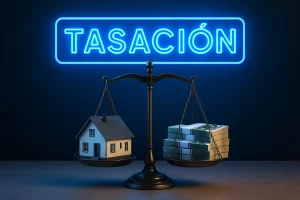 Imagen hiperrealista de una balanza metálica con una casa a un lado y billetes de euro al otro, bajo un cartel de neón azul con la palabra “TASACIÓN”. Representa visualmente el concepto de tasación vivienda y su relación con el valor económico del inmueble.