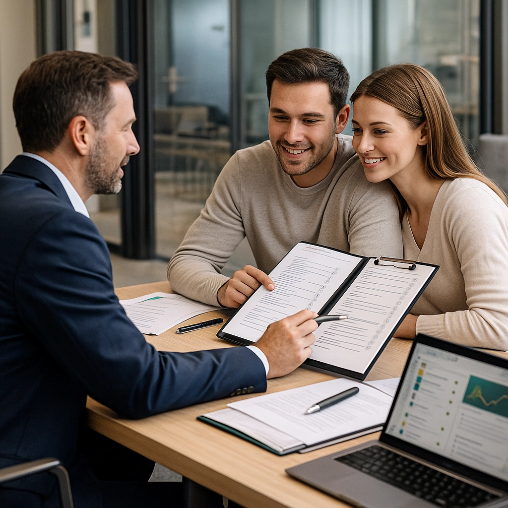Asesor hipotecario guiando a una pareja joven con un checklist de pasos finales de la hipoteca en una oficina profesional, transmitiendo acompañamiento hasta la firma.