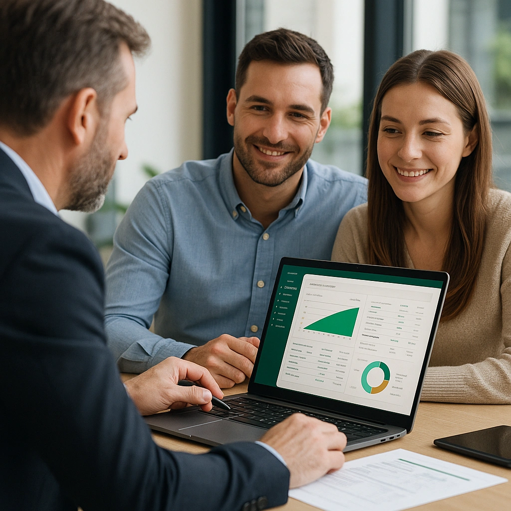 Asesor hipotecario explicando en un portátil un estudio financiero personalizado a una pareja joven en una oficina moderna y luminosa