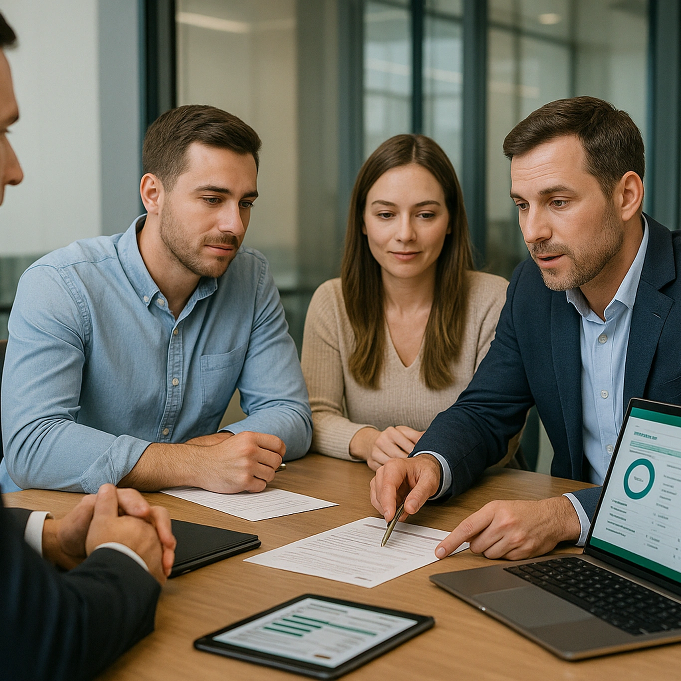róker hipotecario negociando las condiciones de una hipoteca con un representante del banco mientras una pareja joven escucha atenta en una sala de reuniones.