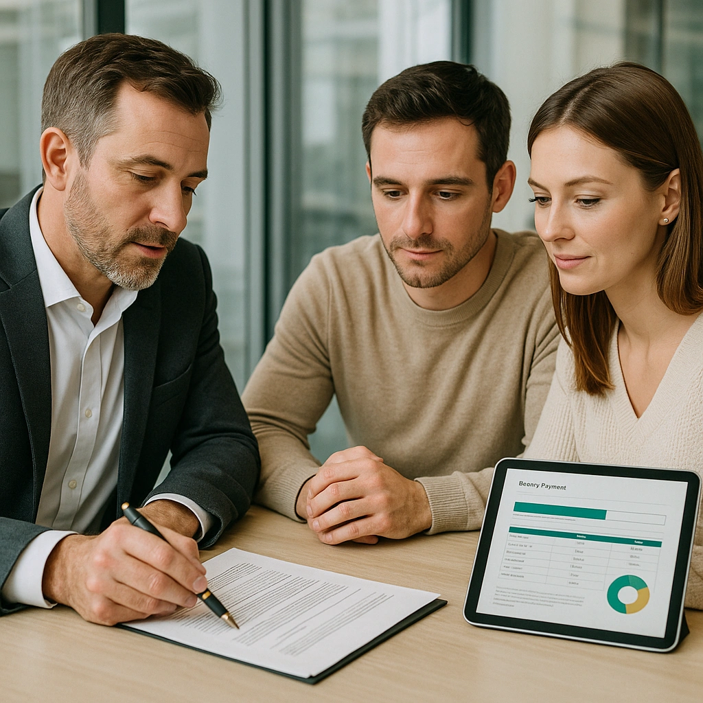 Asesor hipotecario revisando punto por punto un contrato de hipoteca con una pareja, señalando las cláusulas en un documento junto a una tablet con gráficos claros.