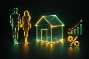 Hipoteca en pareja: contrato hipotecario sobre una mesa con dos anillos y una casa en miniatura, simbolizando la compra de vivienda en pareja y el acuerdo sobre pagos y propiedad.