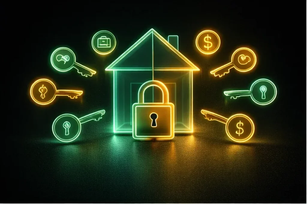 Hipoteca sin contrato indefinido: casa de cristal con símbolos financieros que representan los criterios clave de aprobación.