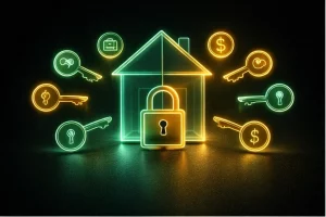 Hipoteca sin contrato indefinido: casa de cristal con símbolos financieros que representan los criterios clave de aprobación.