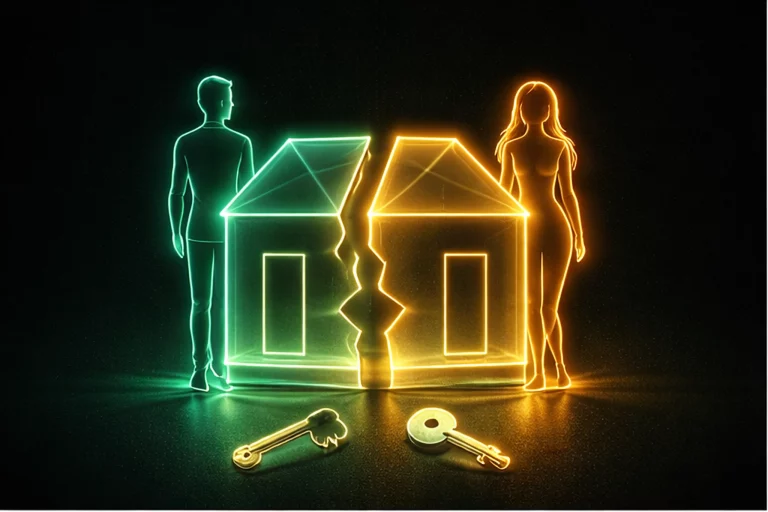 Hipoteca con divorcio representada con casa de vidrio partida, siluetas separadas y símbolos de llaves y porcentaje en estilo neón.