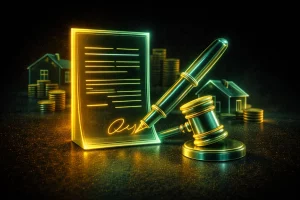 Actos Jurídicos Documentados representado con escritura y firma notarial en neón, pluma estilográfica y mazo legal junto a una vivienda y monedas sobre fondo oscuro.