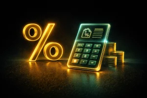 Ilustración del Impuesto de Transmisiones Patrimoniales con calculadora, porcentaje y monedas en tonos dorado y verde sobre fondo negro.