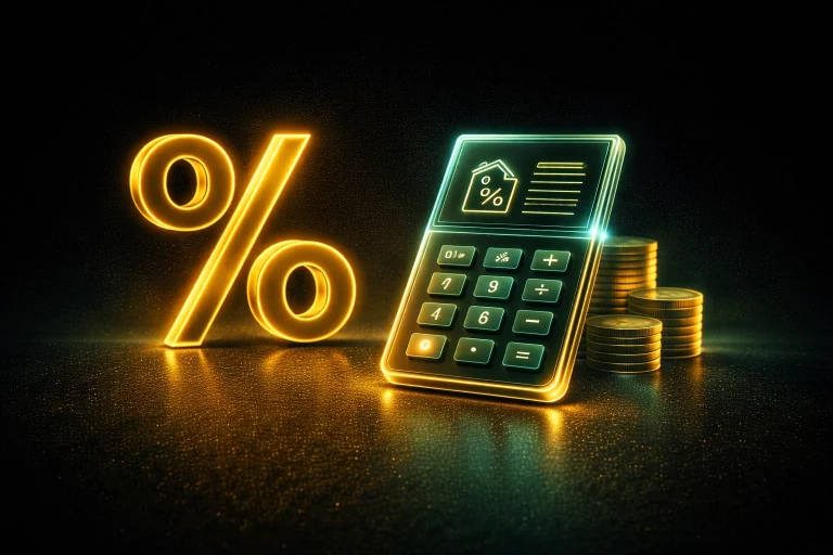 Ilustración del Impuesto de Transmisiones Patrimoniales con calculadora, porcentaje y monedas en tonos dorado y verde sobre fondo negro.