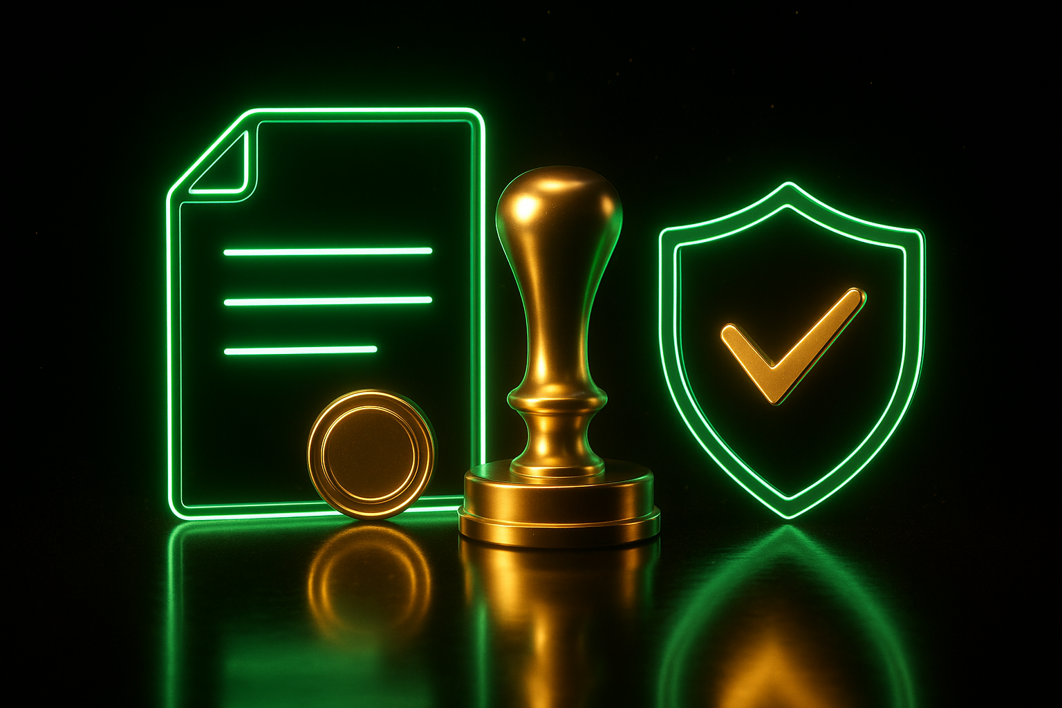 Hipoteca Prime Acta de transparencia ante notario con sello dorado y escudo, ilustración neón verde